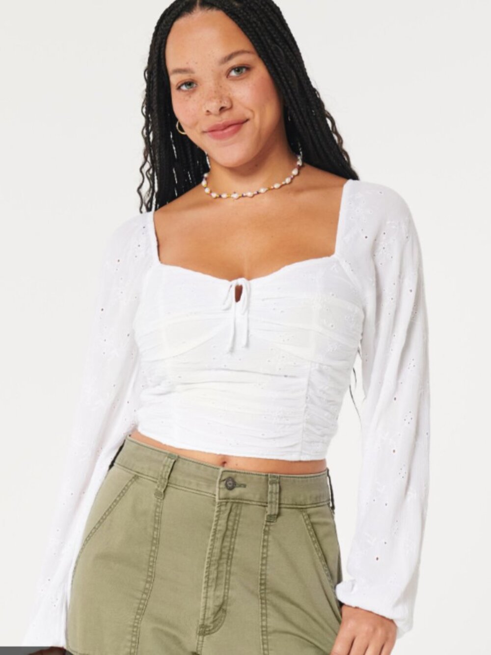 Hollister Cropped White Eyelet Corset Long Sleeve Blouse, Size L